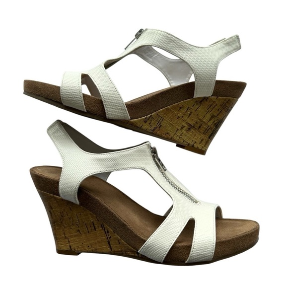 Aerosoles Plushlow Sandals White Front Zip Slingback 4 inch Wedge Heels, 9.5 - Picture 1 of 9